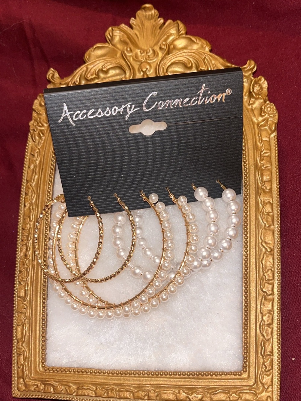 Gold Hoop Earrings with White Pearls - Set of 3 - Picture 2 of 2